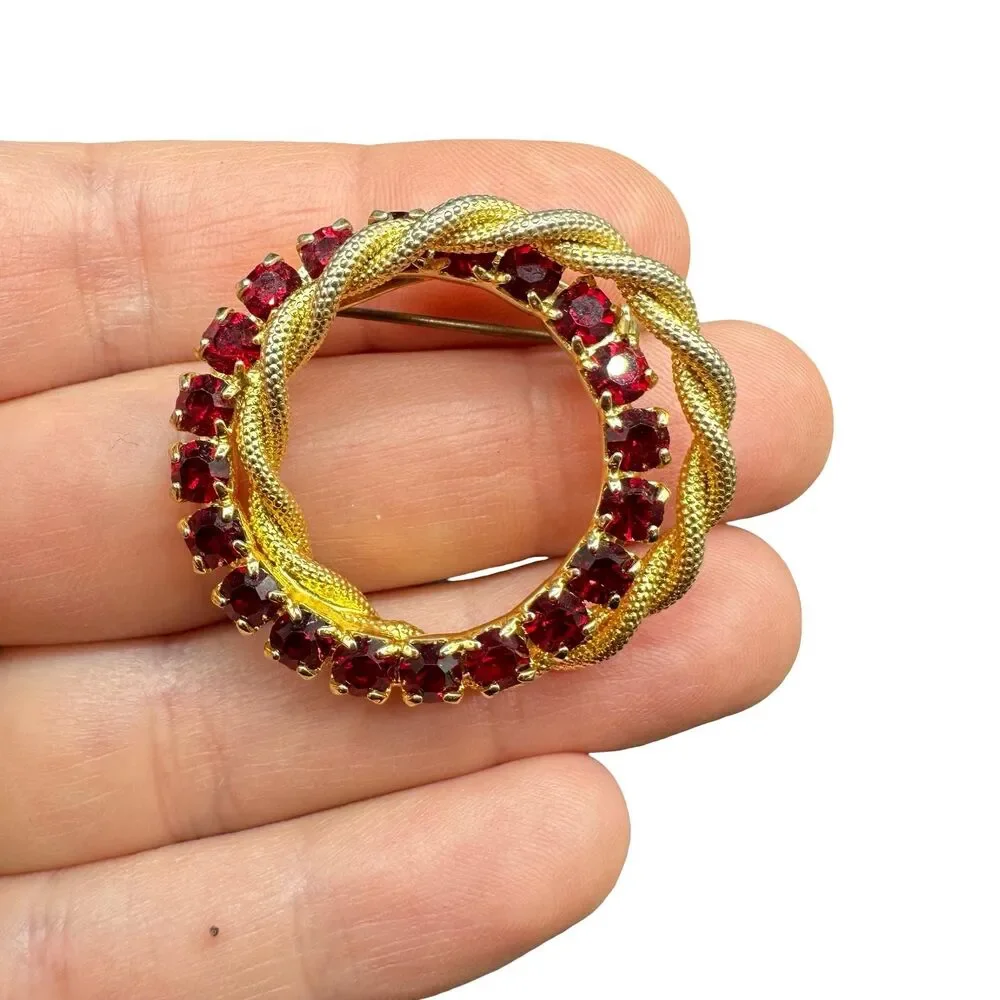 Vintage Gold Tone Brooch, Red Rhinestone Circle Pin